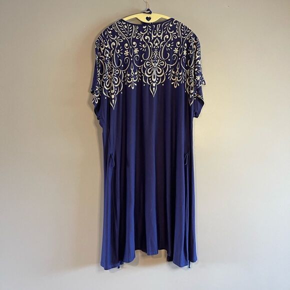 In Bloom Blue/Cream Embroidery-Inspired Screenprint Short Sleeve Robe | SZ XL - Picture 4 of 12